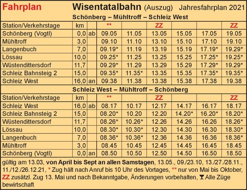 Fahrplan - Wisentatalbahn Schönberg – Schleiz (Wisentatalbahn railway from Schönberg to Schleiz)